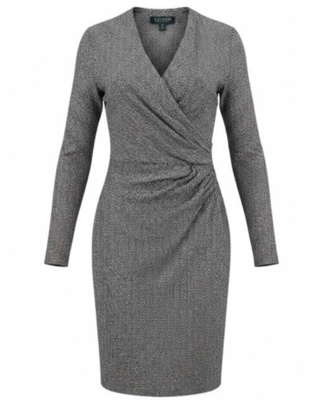 Lauren Ralph Lauren Gray Herringbone Faux-Wrap Long Sleeve Sheath Dress